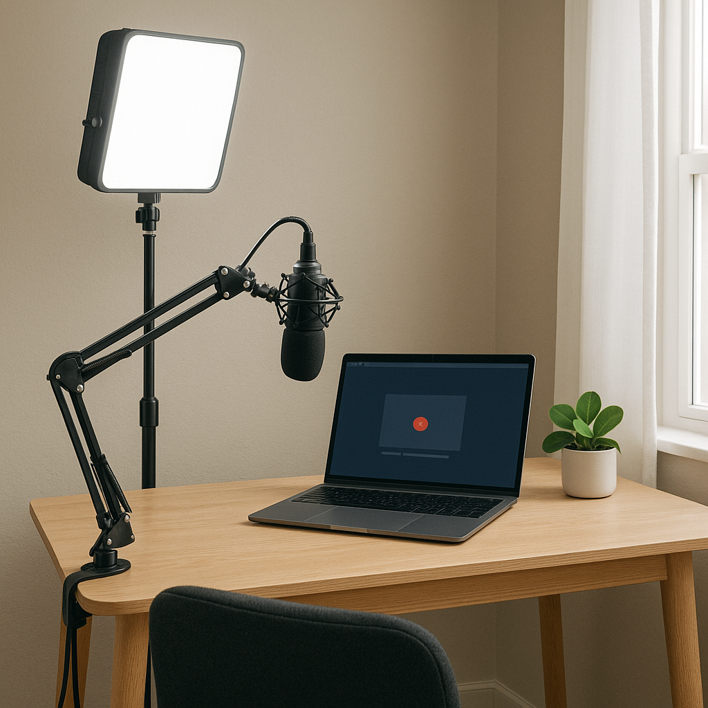 Simple home studio setup for recording online course videos with lighting and microphone