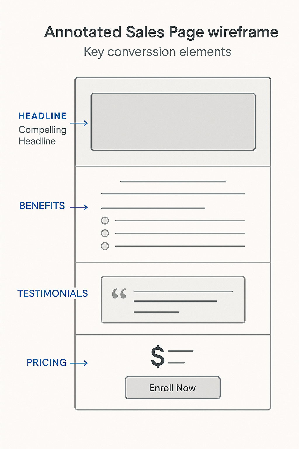 Online course sales page template with labeled sections for headlines, benefits, testimonials, and pricing