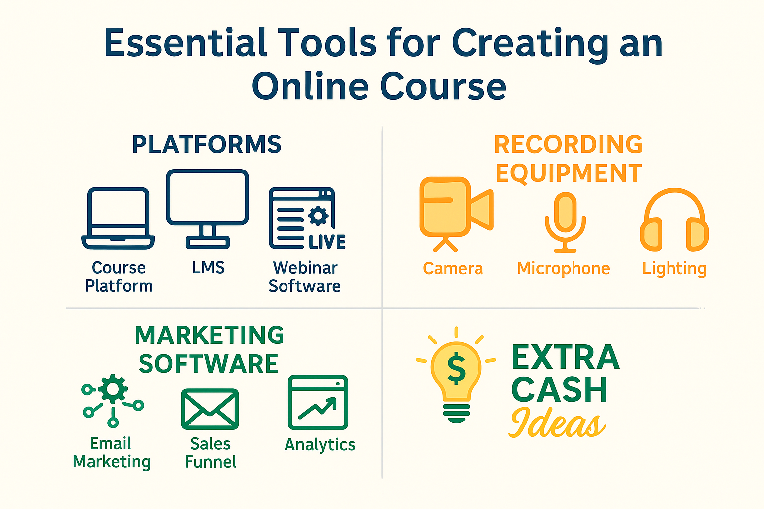 Essential tools needed for creating an online course including platforms, recording equipment, and marketing software